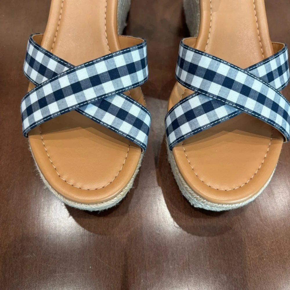NWOT J. Crew Gingham flatform espadrilles Wedges, Size 8